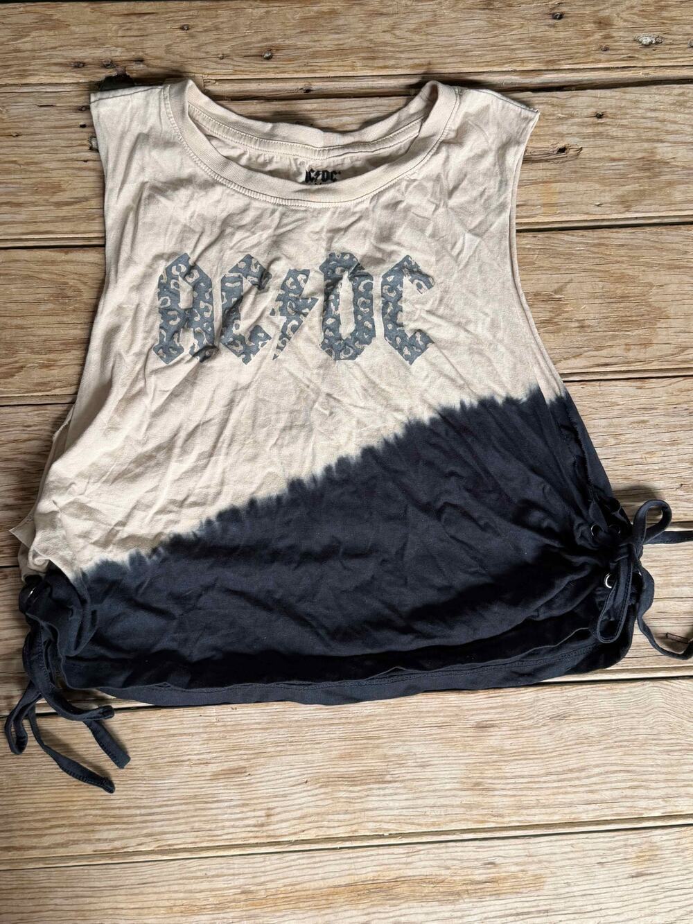 AC/DC Women's Tie Dye Muscle Tank Top Cream Black Side Lace-Up Med Rocker Punk